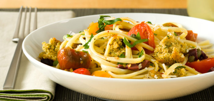Linguini with Tomatoes, Capers, Olives & Falafel - Tarazi Foods
